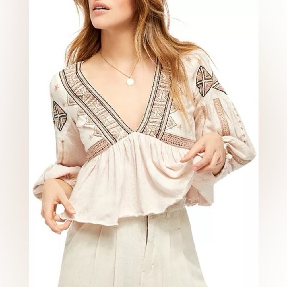 Free People Cream Embroidered Deep V Linen Peplum Puff Sleeve Size XL